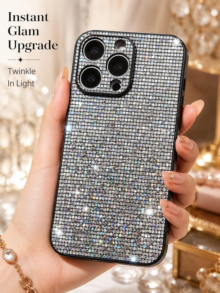 1 pieza Funda de teléfono con lujo de brillo de diamantes de imitación compatible con iPhone 17/16 Pro Max/15 Plus/14 Pro, teléfonos, estilo de celebridad INS, funda protectora a prueba de golpes con todo el rhinestone y recortes precisos