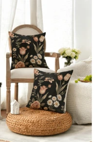 1/2/4Pcs 2D Flat Printed Exquisite Floral Pattern Single-Sided Printed Pillowcase Sofa Cover - Non-True Embroidery, Home Decor Pillowcase - Black and Pink - View 2
