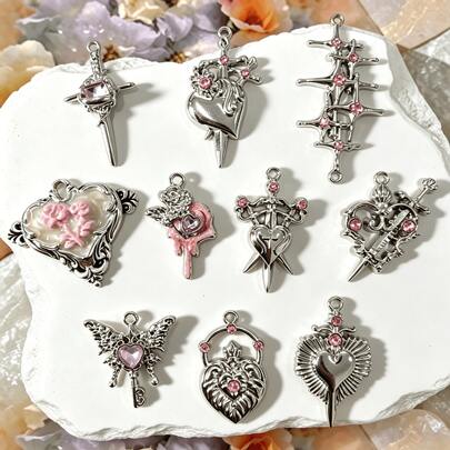 5/10pcs Sweet Cool Pink Rhinestone Charm Pendants, Heart, Butterfly, Cross Patterns, Handmade DIY Jewelry Making Charms For Necklace, Bracelet, Earrings, Bag Chain, Keychain, Valentine's Day Women's Gift