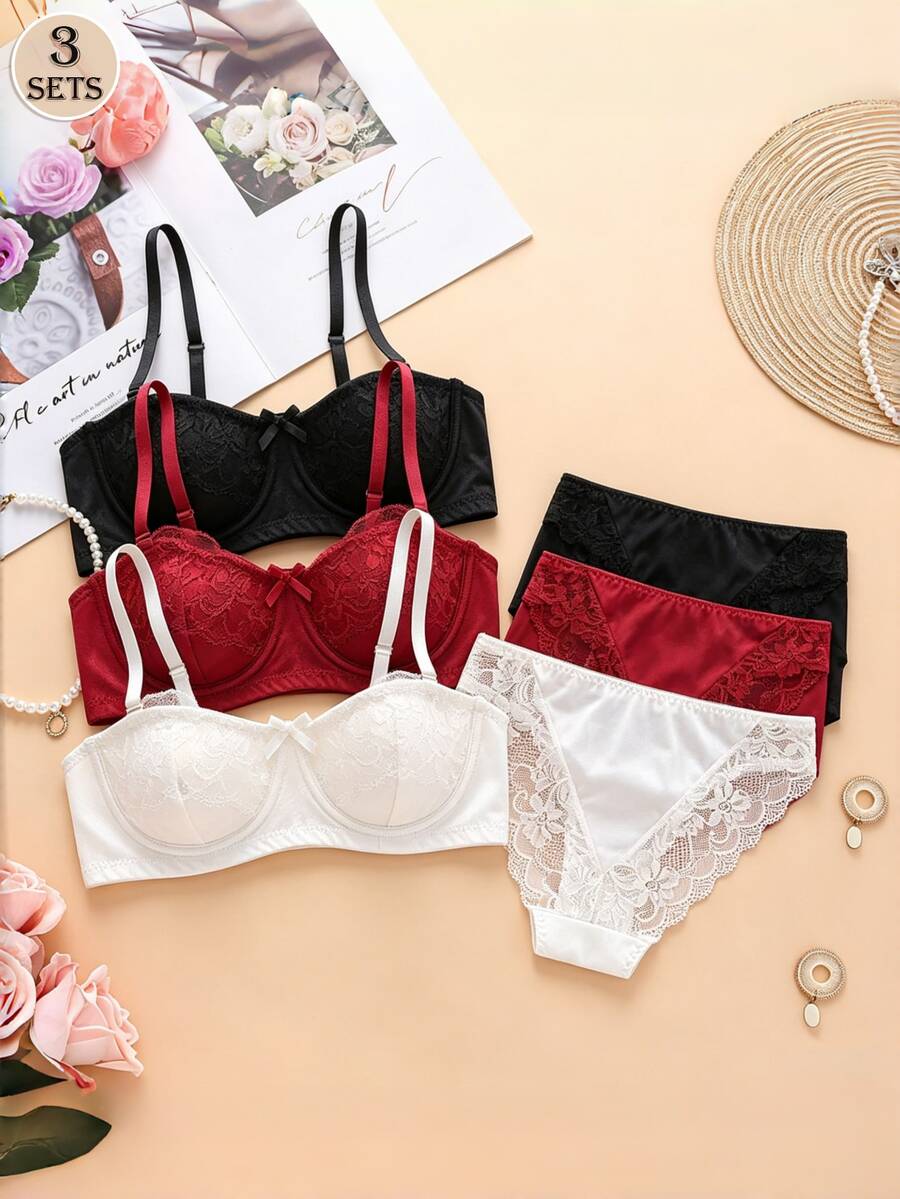 3 Sets Women Floral Lace Bra & Panty Lingerie Sets, Removable Straps Balconette Bra With Bow Decor, Matching Lace Briefs Intimate Underwear - Multicolor - View 1