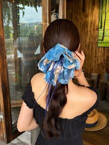 topshiny 1pc Women's Large Floral Print Flower Bow Ponytail Claw Clip, Layered Fabric Hair Clip With Long Ribbon Tail, Elegant Ponytail Hair Accessory - Multicolor - View 5