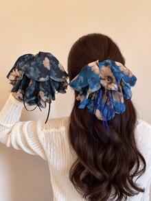 topshiny 1pc Women's Large Floral Print Flower Bow Ponytail Claw Clip, Layered Fabric Hair Clip With Long Ribbon Tail, Elegant Ponytail Hair Accessory - Multicolor - View 6