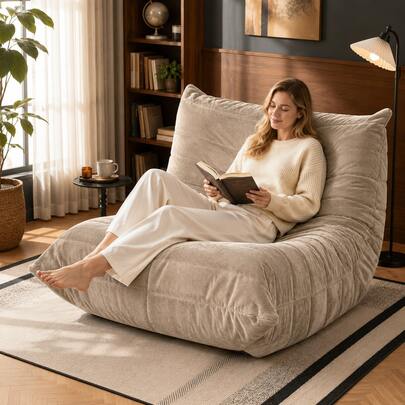 Ergonomic Extra-Large Corduroy Floor Lounge Chair, High-Resilience Memory Foam Beanbag Chair, Vacuum Compression No-Installation Beanbag Chair, Living Room/Bedroom Relaxation Tatami.