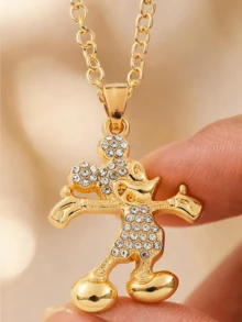 Miniso Disney Mickey Mouse Cartoon Rhinestone Pendant Necklace 1Pc Gold Or Silver Tone Lightweight For Women Daily Gift - Style1 - View 2