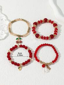 Set Gelang Manik-Manik ABS Merah dan Liontin Ceri Multifungsi 4 Buah/Set, Cocok untuk Pemakaian Sehari-hari dan Liburan Wanita - Merah - View 5
