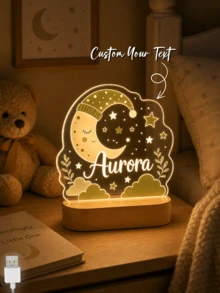 Luz nocturna LED con nombre personalizado, diseño de luna y estrellas dormilonas, lámpara de decoración del hogar personalizada - Multicolor - Ver 5