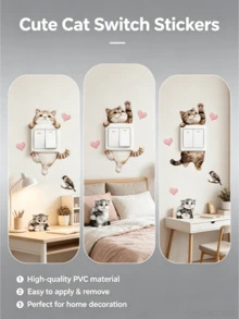 A Set Of Cartoon Probe Cute Cat Switch Socket Wall Stickers, Featuring Adorable Kittens, Little Birds, And Heart Patterns. Self-Adhesive And Removable PVC Stickers, Mix And Match Freely, DIY Decoration For Living Room And Bedroom Switch Panels. - ZC2508-30*30 - View 4