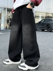 Tween Boy Graffiti Denim Jeans, Kids' Printed Long Pants, Multi-Pocket Loose Wide Leg Durable Stain-Resistant HIP-POP Street Style Spring Autumn Versatile Student Outdoor Casual Pants - Black - View 2