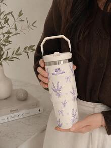 1 pieza Vaso aislado de mano SCALON de 30oz/900ML con estampado de lavanda en color blanco crema, vaso de acero inoxidable de gran capacidad para coche con pajita, taza de café helado a prueba de fugas, botella de vacío aislada de doble efecto para caliente y frío con tapa y pajita, estilo de alto valor para mujeres, termo universal de vacío con tapa y pajita para desplazamientos/exterior/regalo - Multicolor - Ver 4