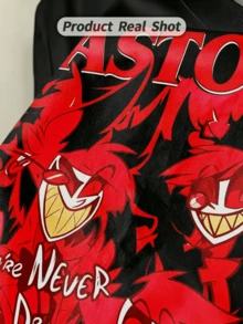 Men's Summer Casual Soft Round Neck Short Sleeve-Shirt,Red Cartoon Demon Print Graphic Daily Wear. - 黑色 - 查看 2
