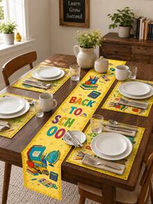 1 pieza - Camino de mesa de temporada escolar con manteles individuales a juego, decoración de mesa con estampado de libros, manzana y autobús amarillo brillante, juego de comedor de vuelta al colegio para cocina, aula y fiesta - Multicolor - Ver 4