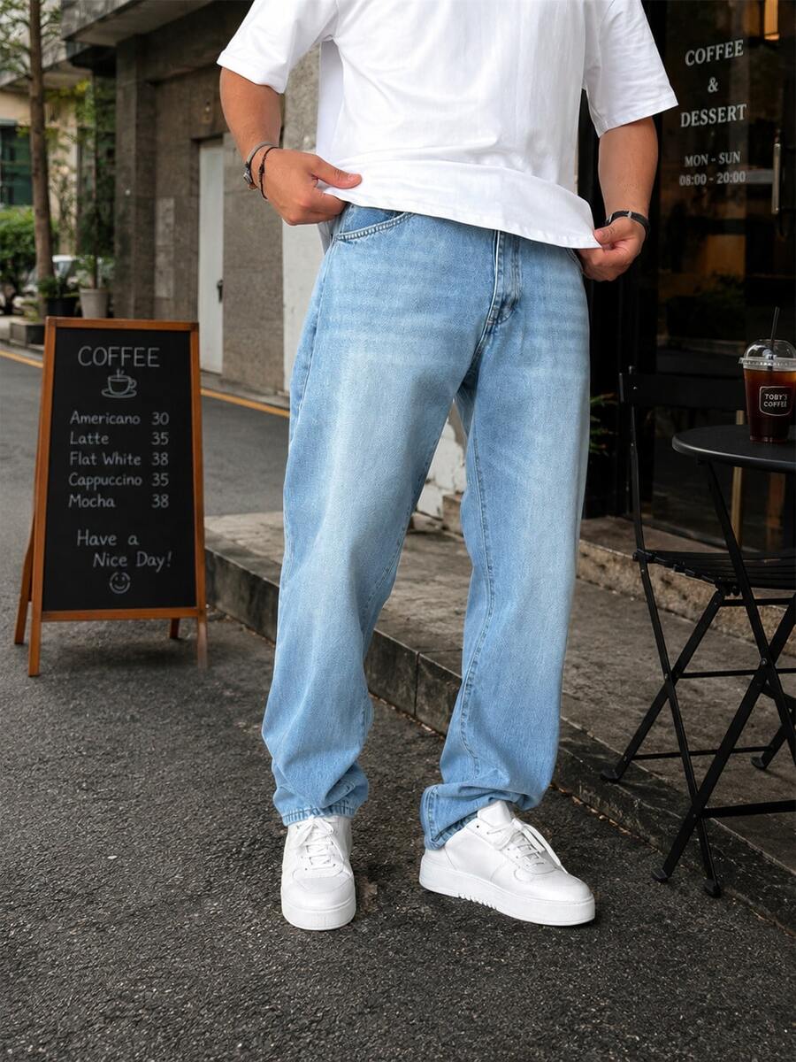 Sellscream 冰蓝色 High Street Cleanfit 做旧复古猫须水洗直筒宽松牛仔裤 - 藍色 - 查看 1