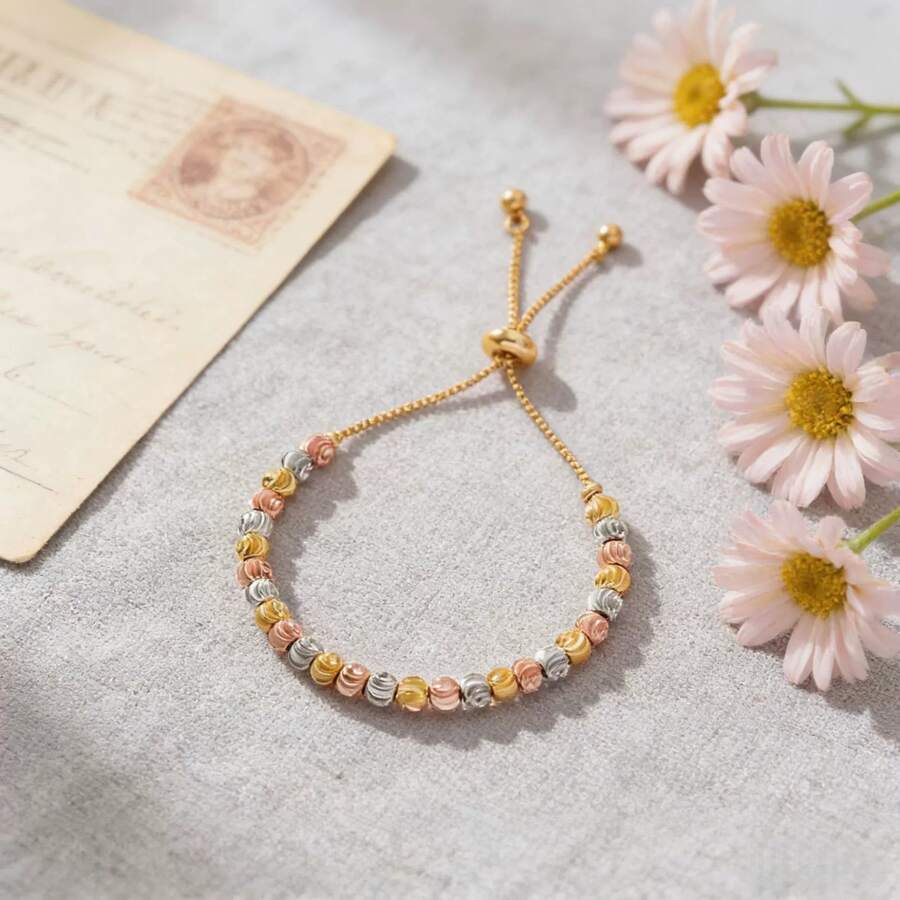 1pc Luxury Gold-Tone Mixed Beaded Adjustable Drawstring Bracelet, Versatile Plated Round Bead Chain Charm Bracelet - Three Colors - View 1
