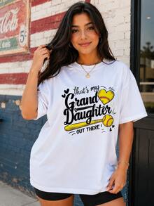 Women's Grandma Baseball Granddaughter Graphic Tee, Cotton Short Sleeve Tee, Casual Loose Top, Plus Size, For Daily Wear, Family Party, Birthday Gift - 白色 - 查看 1