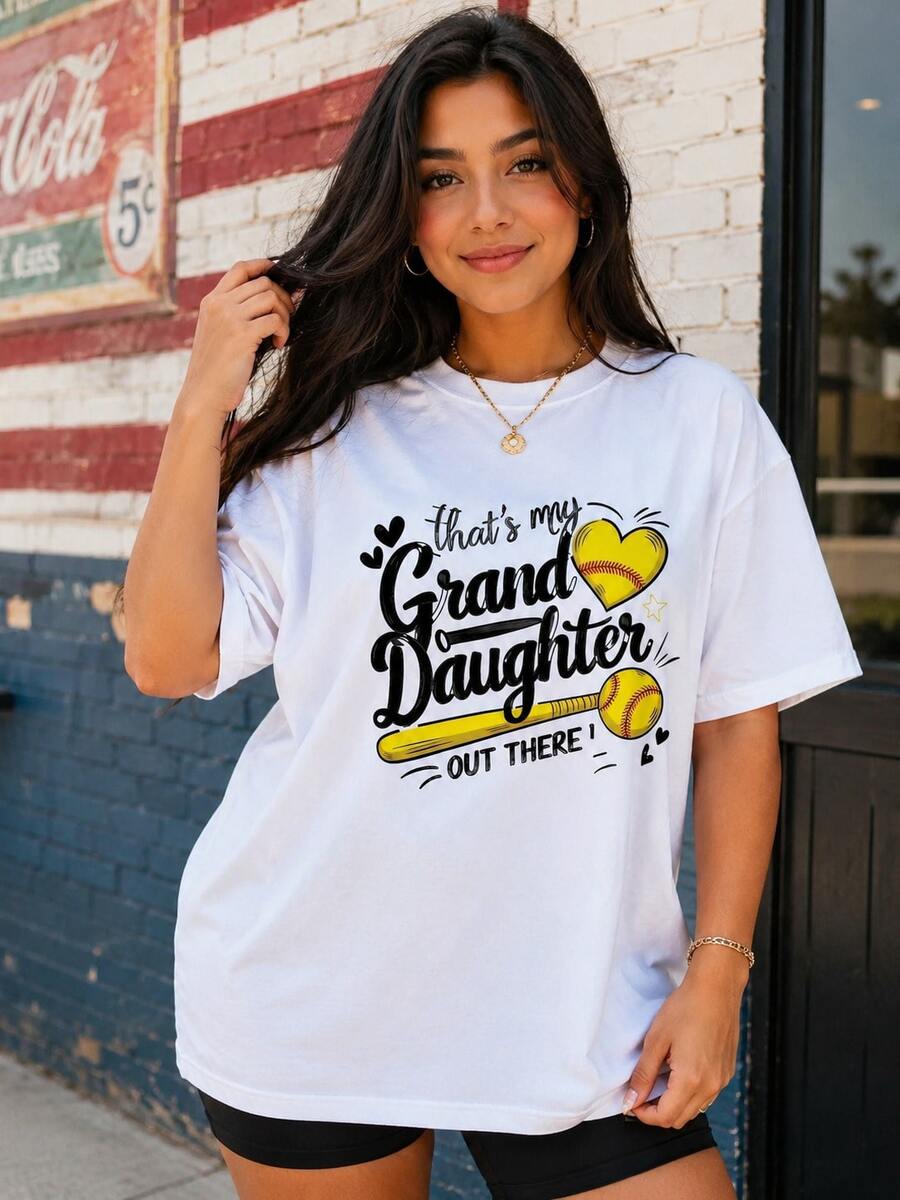 Women's Grandma Baseball Granddaughter Graphic Tee, Cotton Short Sleeve Tee, Casual Loose Top, Plus Size, For Daily Wear, Family Party, Birthday Gift - 白色 - 查看 1