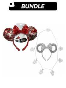 Minnie [組合省錢] Disney 米妮老鼠亮片耳飾髮箍 & 銀色耳飾髮箍 & 發光項鍊套裝組合 – 輕量且可調節，舒適貼合，閃亮亮片，服裝配件，兒童飾品，適合兒童的完美禮物，米妮老鼠粉絲禮物，生日派對 & 度假紀念品 - 彩色 - 查看 1