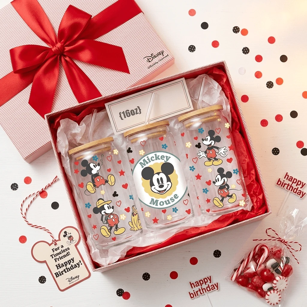 【官方授權】Disney 米奇 16oz 罐狀玻璃杯，附竹製杯蓋與吸管，經典永恆卡通保溫杯，可愛復古冰咖啡飲用杯，適合兒童、成人與 Disney 粉絲的禮物 - 彩色 - 查看 1