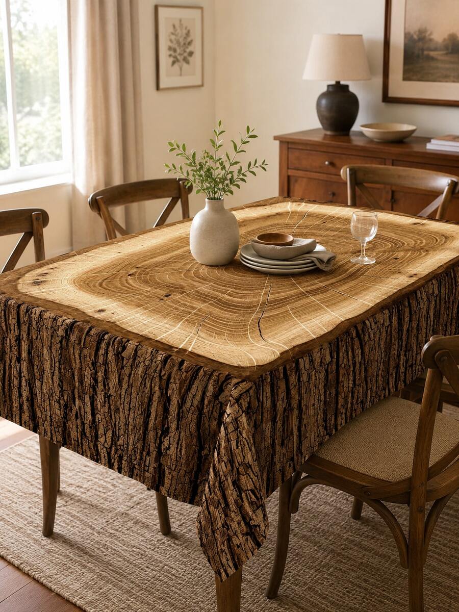 Wooden Tree Grain Print Tablecloth, Waterproof Rectangular Table Cover, Dining Tablecloth, Rectangular Tablecloth, Rustic Country Style Kitchen And Dining Room Decor, Suitable For BBQ, Picnic, Birthday Party And Holiday Indoor Outdoor Gatherings - A - View 1