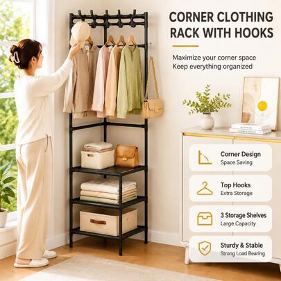 Corner Clothing Rack With 3 Storage Shelves & Hooks, Space-Saving Metal Garment Rack For Small Spaces, Multi-Functional Wardrobe Organizer For Bedroom, Entryway