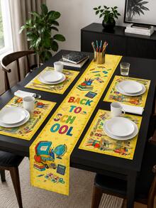 1 pieza - Camino de mesa de temporada escolar con manteles individuales a juego, decoración de mesa con estampado de libros, manzana y autobús amarillo brillante, juego de comedor de vuelta al colegio para cocina, aula y fiesta - Multicolor - Ver 5