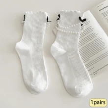 1Pair Women's Pearl Chain Bow Ruffle Crew Socks, Cute Frilly Ribbed Mid Calf Socks With Pearl Beads & Bows, Sweet Lolita JK Style - Clear - View 9