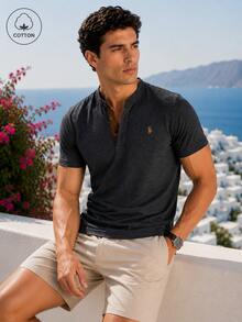 Men's Knight Embroidery Button Placket Short Sleeve Polo Shirt - Dark Grey - View 3
