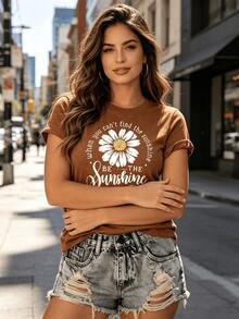 Women's Cotton Blend T Shirt  Short Sleeved Soft Loose Fit Daisy Print T Shirt With 'Be The Sunshine' Quote Lightweight Stretch Top Suitable - 摩卡棕 - 查看 3