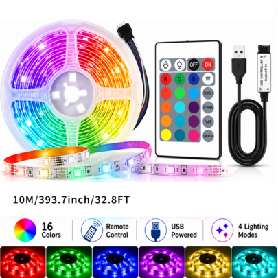3535 RGB LED 燈條，24 鍵紅外線遙控器，4 種照明模式 & 16 種顏色，USB 供電，可裁剪 & 自黏式，適用於電視背光、床邊、櫥櫃、牆壁、臥室、派對 & 遊戲室裝飾，長度可選 1M-10M