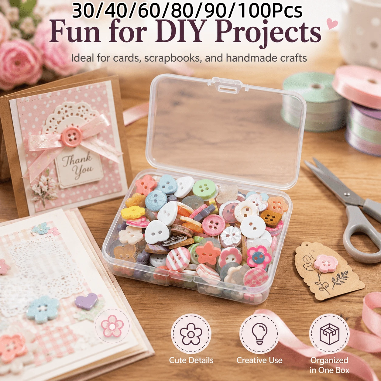 Juego de botones de colores en caja de 30/40/60/80/90/100 piezas, botones decorativos versátiles para ropa, manualidades DIY y artesanías creativas, adecuados para ropa DIY, suéteres y decoración de artesanías, estilos aleatorios