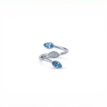 Exquisite Natural Style Blue Olive-Shaped Zirconia Leaf Open Ring - Women's Adjustable Hypoallergenic, Minimalist Natural Style Jewelry - Silver - View 6