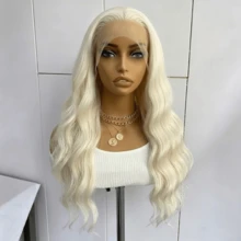 女士優雅波浪紋理前蕾絲無膠捲髮假髮，瑞士HD隱形蕾絲與耐高溫纖維，180%密度，適合節日、派對、婚禮、假期、Cosplay，自然造型且佩戴舒適 - 香檳色 - 查看 5