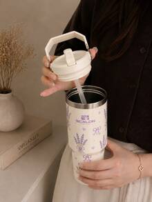 1 pieza Vaso aislado de mano SCALON de 30oz/900ML con estampado de lavanda en color blanco crema, vaso de acero inoxidable de gran capacidad para coche con pajita, taza de café helado a prueba de fugas, botella de vacío aislada de doble efecto para caliente y frío con tapa y pajita, estilo de alto valor para mujeres, termo universal de vacío con tapa y pajita para desplazamientos/exterior/regalo - Multicolor - Ver 5