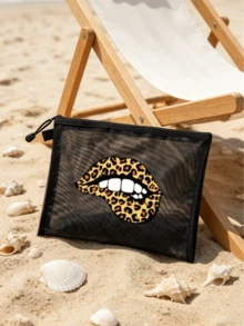 Fashion Leopard Print Lip-Shaped Mesh Beach Bag, Portable Mesh Makeup Bag, Zipper Travel Organizer - Lightweight, Fade-Resistant Cosmetic And Toiletry Bag, Suitable For Men And Women, Ideal Gift For Mothers, Teachers, Friends, Nurses, Essential For School, Vacation, Travel, Perfect For Teacher's Day And Back To School Season,Back To School - Multicolor - View 5