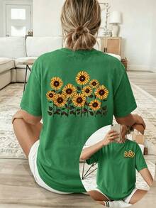 Women's Cotton T-Shirt, Round Neck, Short Sleeves, With Sunflower Print. Breathable, Comfortable, Casual And Bohemian Style, Ideal For Spring And Summer, Everyday Wear. - 綠色 - 查看 17