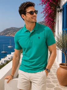Men's Knight Print Short Sleeve Casual Commuter Polo Shirt - Green - View 2