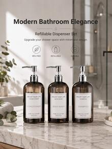 500ml/1/3pcs Transparent Black Round Shoulder Pump Dispenser Bottles, (Random Label), Empty Bottles For Shower Gel, Shampoo, Conditioner, Body Lotion, Hand Cream, Facial Cleanser, Refillable Lotion Bottles, Home Decor, Bathroom Accessories - Translucent Black - View 8