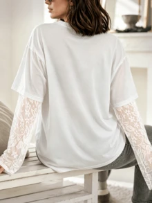 1件女款春夏秋白色休閒日常購物派對舒適時尚寬鬆慵懶通勤返校季公園音樂節蕾絲拼接長袖基本款T恤 - 白色 - 查看 3