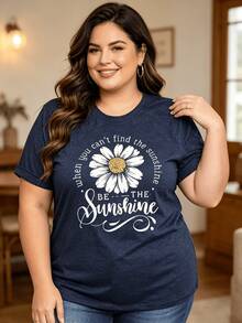 Women's Cotton Blend T Shirt  Short Sleeved Soft Loose Fit Daisy Print T Shirt With 'Be The Sunshine' Quote Lightweight Stretch Top Suitable - 藏蓝色 - 查看 5