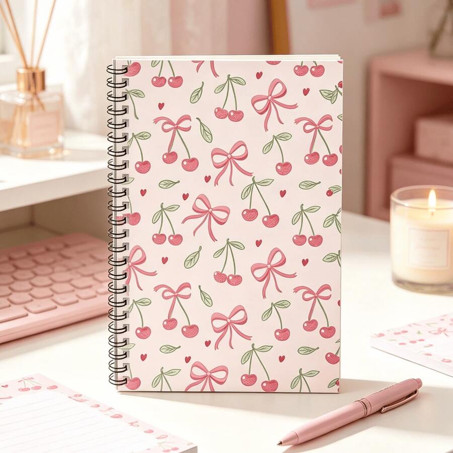1 pieza Cuaderno de espiral elegante con lazo rosa & estampado floral, diario con líneas de estética femenina linda, notas de estudio para adolescentes, registro de trabajo de oficina para adultos, dulce regalo de agradecimiento para mujeres y estudiantes - A - Ver 1