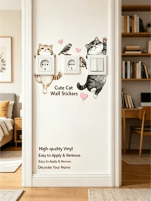 A Set Of Cartoon Probe Cute Cat Switch Socket Wall Stickers, Featuring Adorable Kittens, Little Birds, And Heart Patterns. Self-Adhesive And Removable PVC Stickers, Mix And Match Freely, DIY Decoration For Living Room And Bedroom Switch Panels. - ZC2508-30*30 - View 1