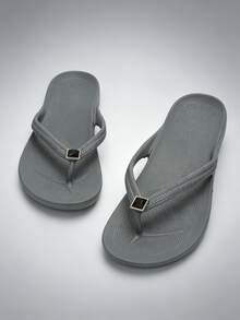 Chanclas unisex con soporte de arco, sandalias de playa de unicolor, chanclas neutras para vacaciones para playa y hogar, primavera verano otoño - Flor de zapato de diamante gris y negro - Ver 4