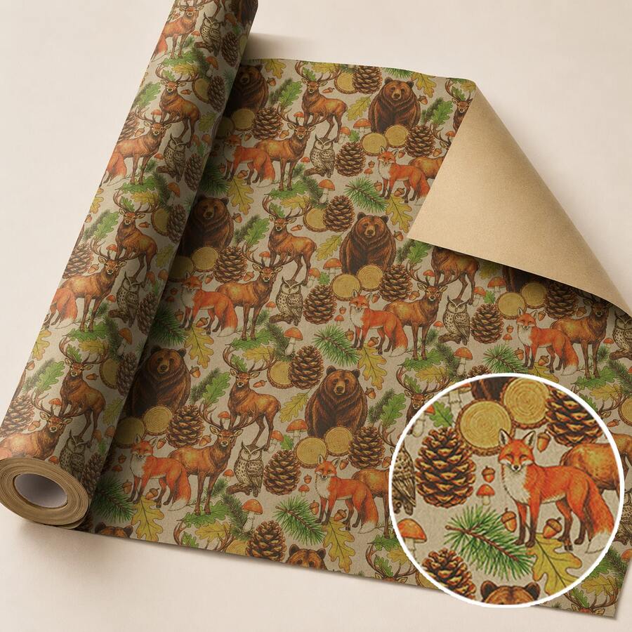 1 Rolle 5m Verpackungspapier DIY Geschenk, Waldtiermuster Bär, Hirsch, Fuchs, einseitig mattes Kraftpapier 43cm*500cm, verdicktes Geschenkverpackungspapier, geeignet für Geburtstagsgeschenke, Feierlichkeiten, Hochzeitsfeiern, Feiertagsgeschenke für Jungen und Mädchen - Waldbär - 5 m - Übersicht 1