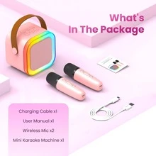 Mini Karaoke Machine With 2 Mics | Bluetooth 5.0 TWS TECH (50ft Range) | Microphone With 5 Voice-Changing Effects | 7-Color LED Lights | Premium ABS Material | Portable MP3 Player For Party, 2026 Top Birthday & Christmas Gift - Pink - View 2