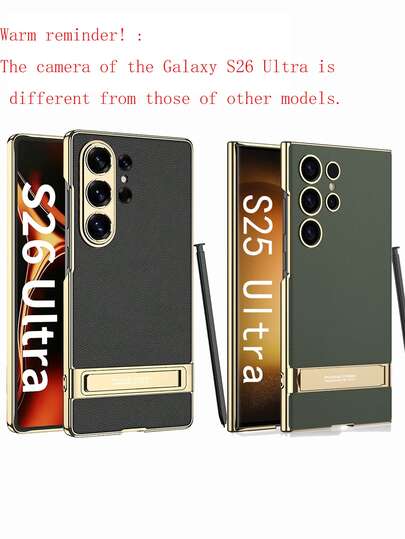 Zwart/Donkergroen/Zwart Nieuwe Minimalistische Ultradunne Gegalvaniseerde Effen Kleur Leren Metalen Verstelbare Standaard Fijne Gat Camera Bescherming PC Volledige Dekking Anti-Val Telefoonhoesje Compatibel Met Galaxy S23 Ultra/Galaxy S24 Ultra/Galaxy S25 Ultra/S26 Ultra Unisex