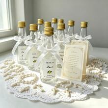 50 Pcs Mini Empty Transparent Bottles With Golden Cap, White Satin Bow And Olive Stickers, Containers For Wedding Favors In White, Baptism, Empty Bottles, Elegant Wedding Gifts - White - View 6