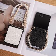Luxurious Embossed Carved Embossed Floral Pattern Faux Leather Folding Phone Case With Hinge Protection Strap 1pc Faux Leather Pearl Floral Bracelet Phone Lanyard Compatible With Samsung Galaxy Z Flip 8/7/7FE/6/5/4 5G Foldable Phone Protective Cover - White - View 8