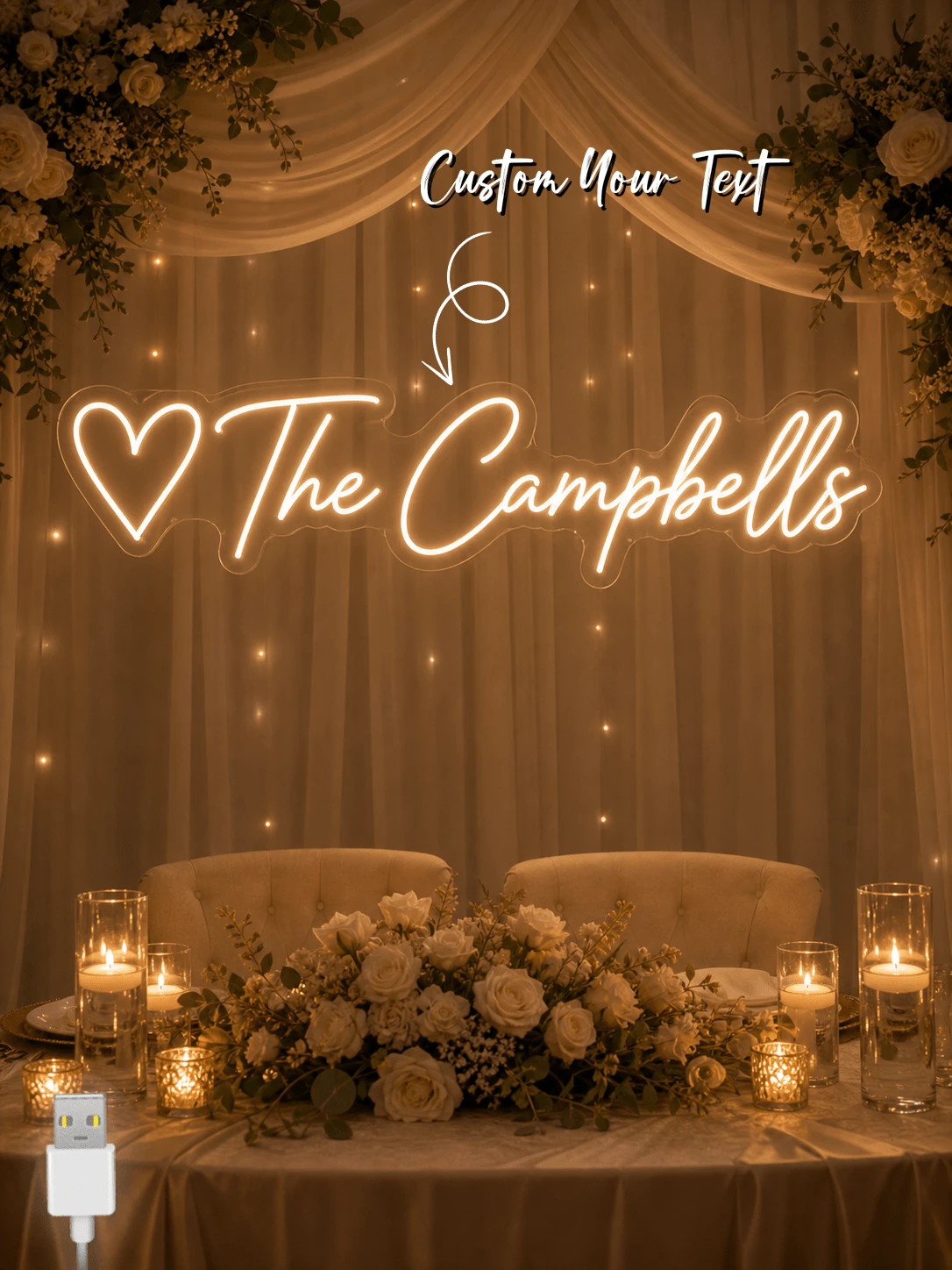 Letrero de Neón Personalizado con Apellido, Diseño en Forma de Corazón, Luz LED para Decoración de Bodas & Hogar - Multicolor - Ver 1