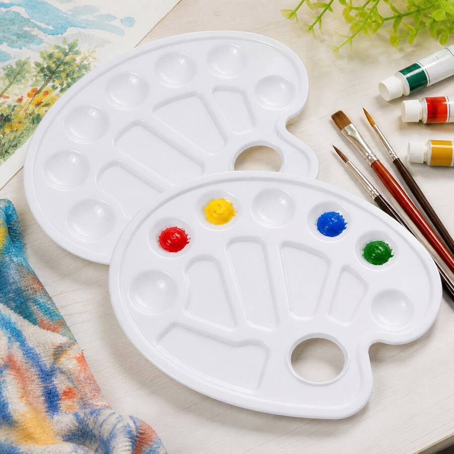 2er Set Weiße Kunststoff Farbpaletten mit Daumenloch und 10 Mischbereichen für Acryl Aquarell DIY Malerei - 2 weiße Kunststoffpaletten - Übersicht 1