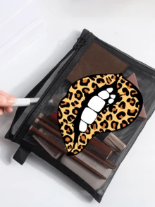 Fashion Leopard Print Lip-Shaped Mesh Beach Bag, Portable Mesh Makeup Bag, Zipper Travel Organizer - Lightweight, Fade-Resistant Cosmetic And Toiletry Bag, Suitable For Men And Women, Ideal Gift For Mothers, Teachers, Friends, Nurses, Essential For School, Vacation, Travel, Perfect For Teacher's Day And Back To School Season,Back To School - Multicolor - View 9