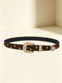 1pc Casual Vintage Style Floral Carved Metal Brown PU Women's Belt, Suitable For Jeans, Casual Pants, Daily Wear, Fashion Style, Outdoor Activities, Western Gatherings, Valentine's Day, Halloween, Music Festivals, Women, Mothers, Gifts, Birthdays, Vintage, Travel, All Season Outfits, Vacation - Star-shaped Coffee-colored Suede - View 6